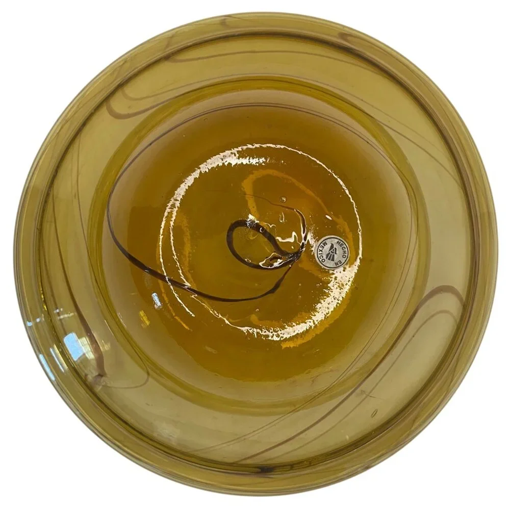 Amber Yellow Art Glass Decorative Fruit Bowl‎ Swirl Hand-Blown Mexico 12